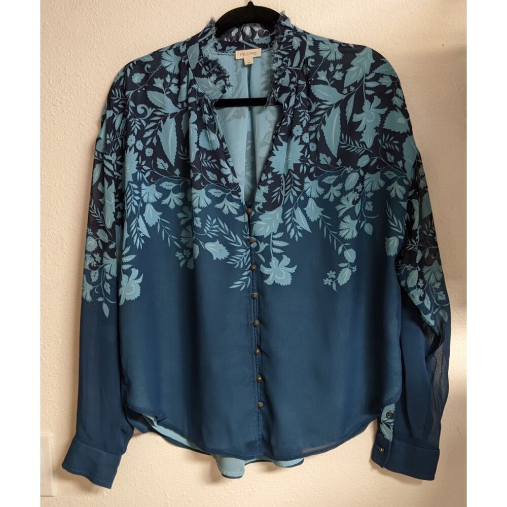 Anthropologie Pilcro Tavi Blue Buttondown Floral Blue Viscose Blouse Large - Picture 2 of 14